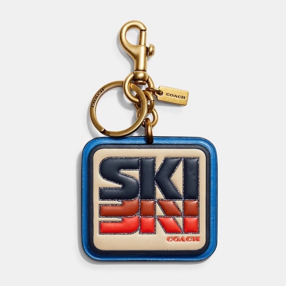 Coach Ski Patch Bag Charm Keychain Brass/Ivory/Orange Multi Smooth Leather NWT - Picture 10 of 12